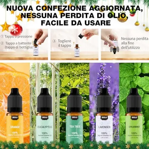 MISIJI Set di oli essenziali per diffusori，per la casa, lavanda, menta, tea tree, eucalipto, arancio, 5 X 10ML miniatura 2