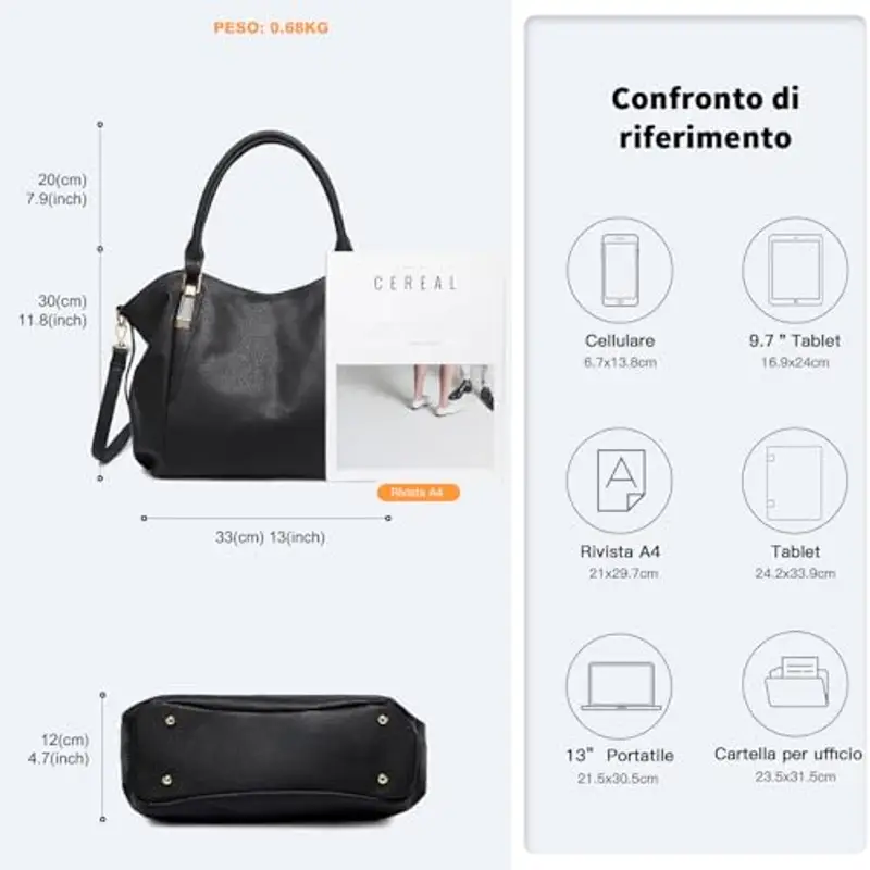Miss Lulu Borsa Nero Donna Grande con Tracolla Regolabile, Tote Bag Impermeabile Pelle PU, per Lavoro, Scuola miniatura 3