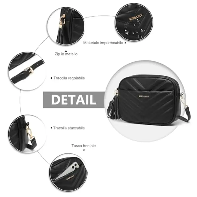 Miss Lulu Borsa Tracolla Donna Piccola, PU Pelle Morbido Impermeabile, Tracolla Rimovibile e Regolabile, 4 Tasche Grande Capacità, per Viaggi, Incontri e Spiaggia miniatura 2