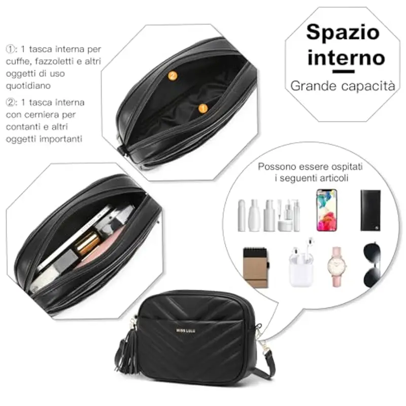 Miss Lulu Borsa Tracolla Donna Piccola, PU Pelle Morbido Impermeabile, Tracolla Rimovibile e Regolabile, 4 Tasche Grande Capacità, per Viaggi, Incontri e Spiaggia miniatura 4