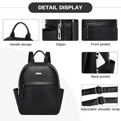 Miss Lulu Zaino Università Donna Nero Elegante, Zainetto Donna Grande Impermeabile Pelle PU, Borsa Zaini per Lavoro miniatura 3