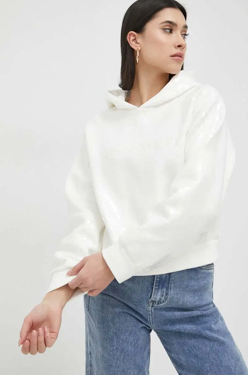 felpa donna colore beige con cappuccio con applicazione