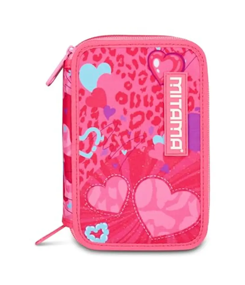 Mitama Astuccio Scuola 3 Scomparti, TRIPLO FURRYPINK, Contenuto 47 pz, Completo di Matite, Pennarelli, Portapenne Scuola Elementare Bambina