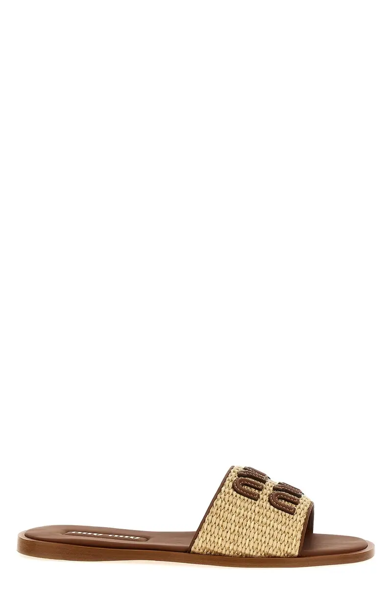 Miu Miu Sandali beige in pelle e rafia con logo