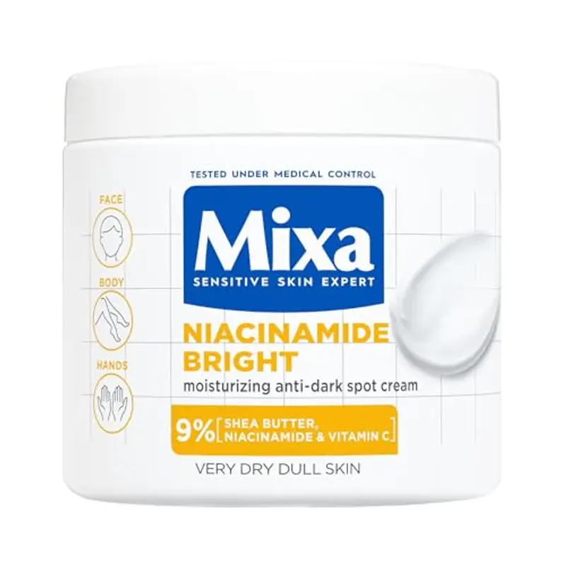Mixa Crema Idratante Anti-Macchie, Per Pelle Secca e Spenta, Pelle Idratata per 48H, Incarnato Luminoso e Uniforme, Con il 9% di Niacinamide, Vitamina C e Burro di Karité, Niacinamide Bright, 400 ml