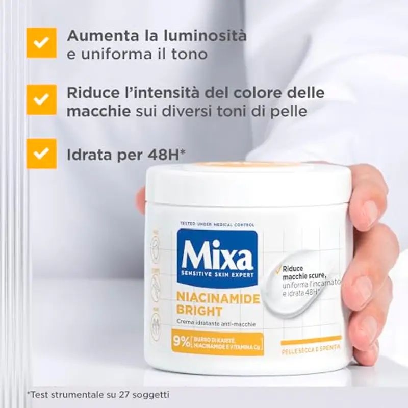 Mixa Crema Idratante Anti-Macchie, Per Pelle Secca e Spenta, Pelle Idratata per 48H, Incarnato Luminoso e Uniforme, Con il 9% di Niacinamide, Vitamina C e Burro di Karité, Niacinamide Bright, 400 ml miniatura 2