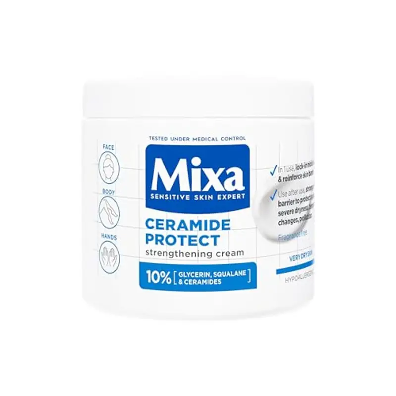 Mixa Crema Idratante Rinforzante, Per Pelli Sensibili e Molto Secche, Pelle Idratata a Fondo, Con il 10% di Ceramidi, Glicerina e Squalano, Senza Profumo, Ceramide Protect, 400 ml