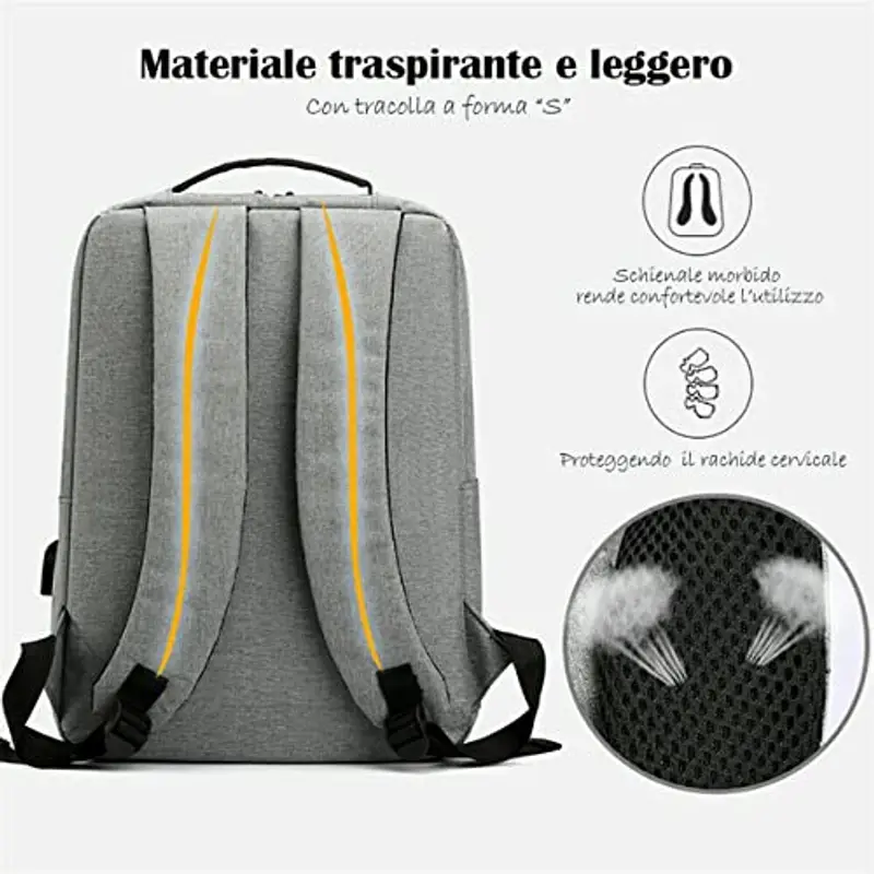 Mixroom Zaino Laptop Borsa Porta PC Portatile per Computer Custodia Notebook fino ai 15" con Scuola USB Z8 Colore Grigio miniatura 3