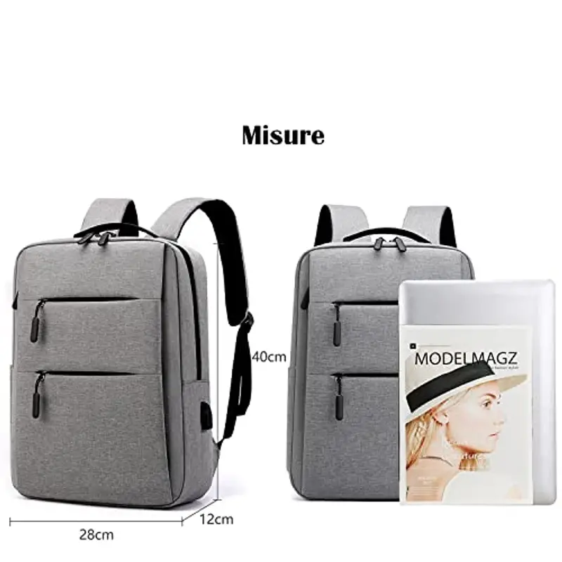 Mixroom - Zaino Porta PC Uomo Laptop Borsa per PC Portatile porta Computer Custodia Notebook 15" Due Tasche Frontali a Cerniera Con Attacco USB Colore Grigio Z1 miniatura 3