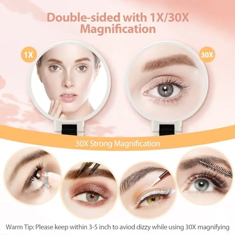 MIYADIVA Specchio a mano, ingrandimento 30X su supporto, specchio ingranditore a doppia faccia con ingrandimento 30X/1X, manico regolabile a 360°, specchio portatile da viaggio per trucco per miniatura 2