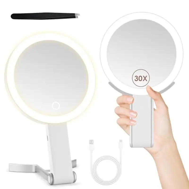 MIYADIVA Specchio da Trucco con Luci, Specchio Ingranditore 2 Lati 30X, 3-in-1 Portatile da Tavolo/Appendibile, 3 Luci Luminosità Regolabile, per Viaggio, Camera, Regalo Donna Bianco