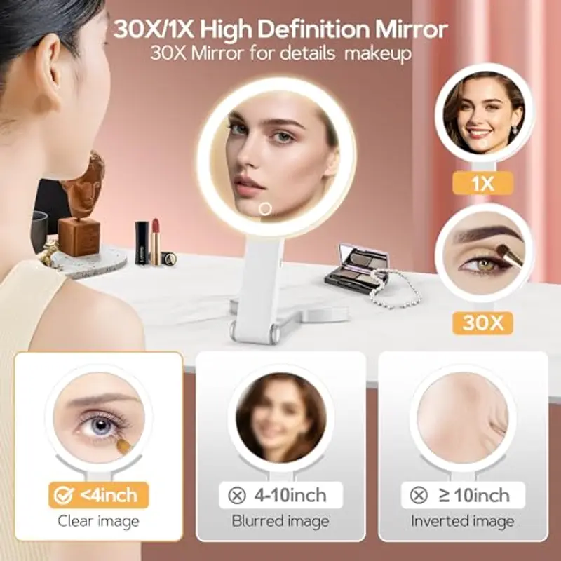 MIYADIVA Specchio da Trucco con Luci, Specchio Ingranditore 2 Lati 30X, 3-in-1 Portatile da Tavolo/Appendibile, 3 Luci Luminosità Regolabile, per Viaggio, Camera, Regalo Donna Bianco miniatura 3