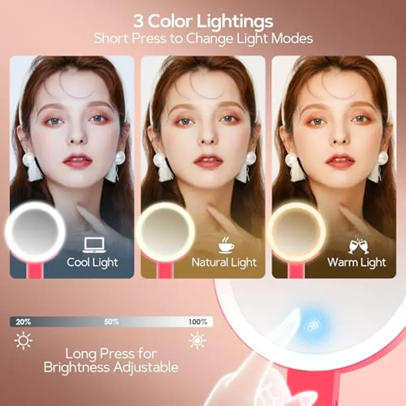 MIYADIVA Specchio da Trucco con Luci, Specchio Ingranditore 2 Lati 30X, 3-in-1 Portatile da Tavolo/Appendibile, 3 Luci Luminosità Regolabile, per Viaggio Ufficio Camera, Regalo Donna Rosa miniatura 2