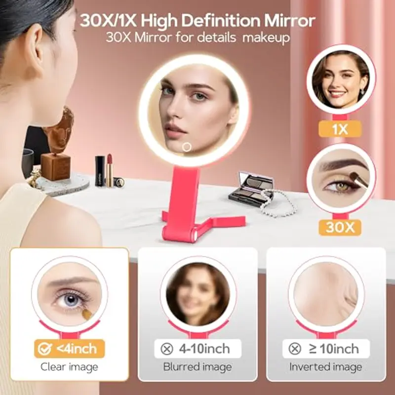 MIYADIVA Specchio da Trucco con Luci, Specchio Ingranditore 2 Lati 30X, 3-in-1 Portatile da Tavolo/Appendibile, 3 Luci Luminosità Regolabile, per Viaggio Ufficio Camera, Regalo Donna Rosa miniatura 3