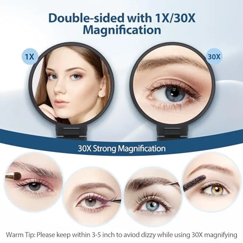 MIYADIVA Specchio ingrandimento 30X con maniglia - Specchio per il trucco a doppia faccia (1X/30X), Pieghevole e portatile per un trucco preciso in movimento - Nero opaco miniatura 2