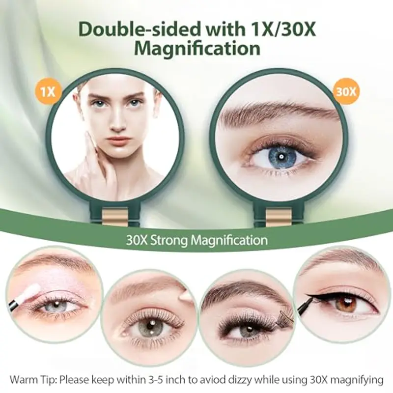 MIYADIVA Specchio ingranditore portatile, doppio lato, specchio da viaggio con ingrandimento 30X/1X, manico regolabile a 360° e pinzette di precisione, specchio portatile multiuso per il trucco, verde miniatura 2