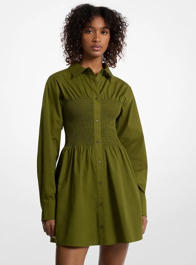 MK Abito chemisier in popeline di cotone stretch con punto smock - Verde - Michael Kors