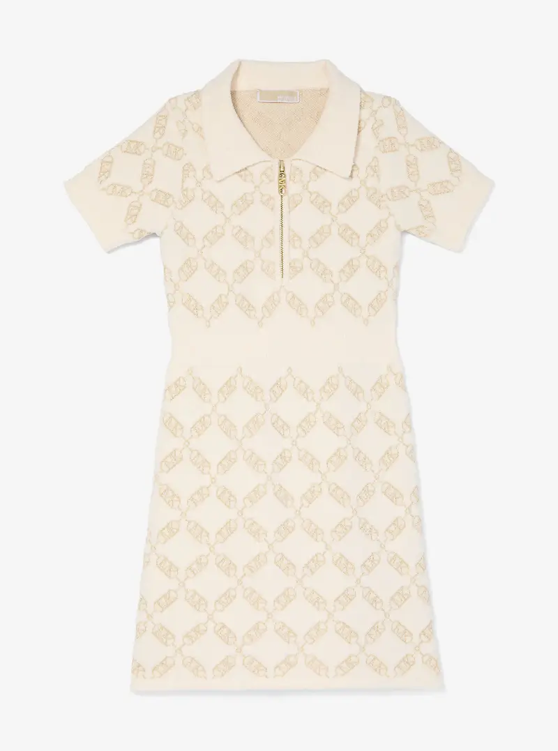 MK Abito in maglia testurizzata con mezza zip e logo Empire Diamond - Naturale - Michael Kors miniatura 2