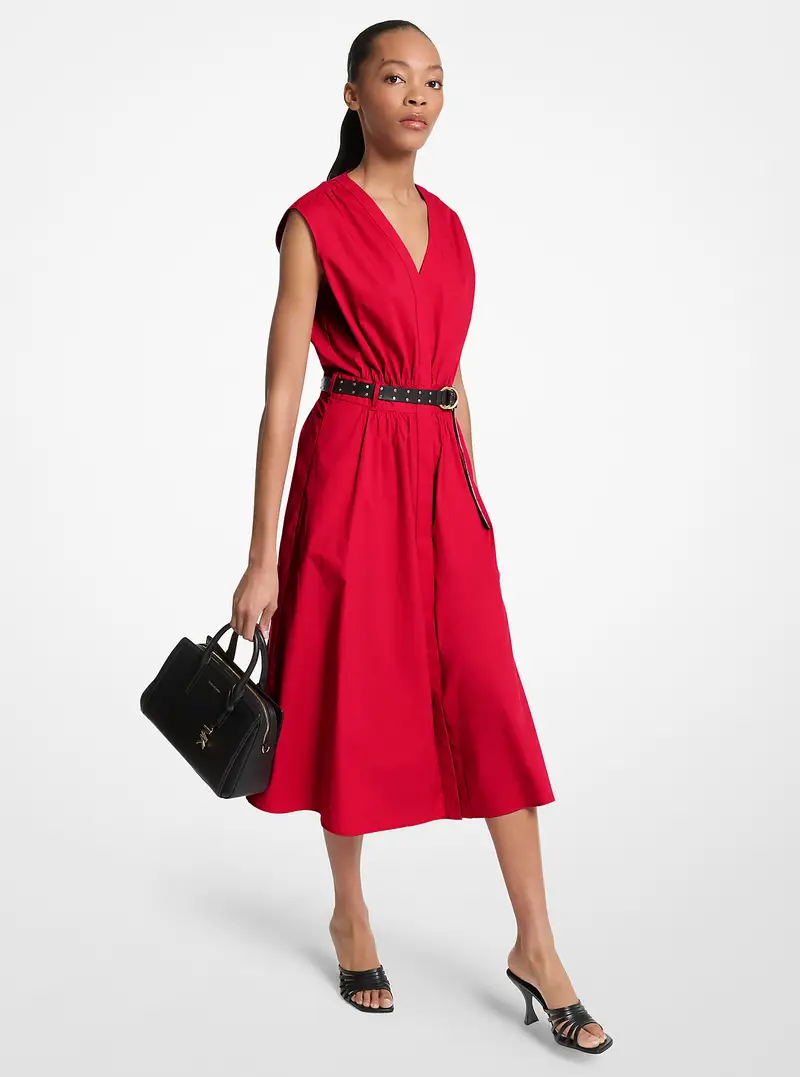 MK Abito in popeline di cotone stretch con cintura - Rosso - Michael Kors