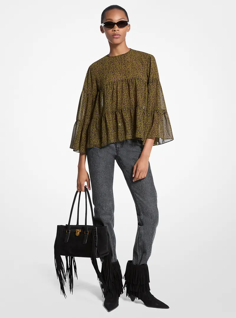 MK Blusa a balze in georgette con stampa paisley - Verde - Michael Kors