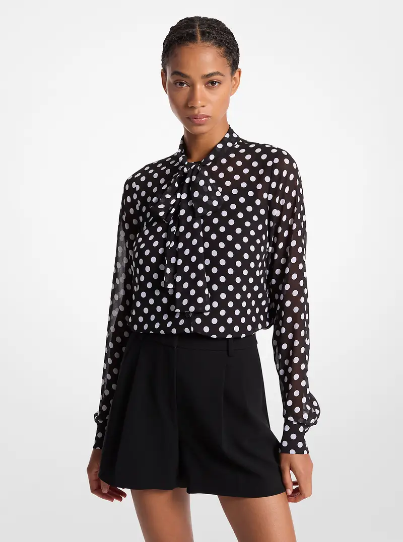 MK Blusa in georgette a pois con colletto a nastro - Nero - Michael Kors