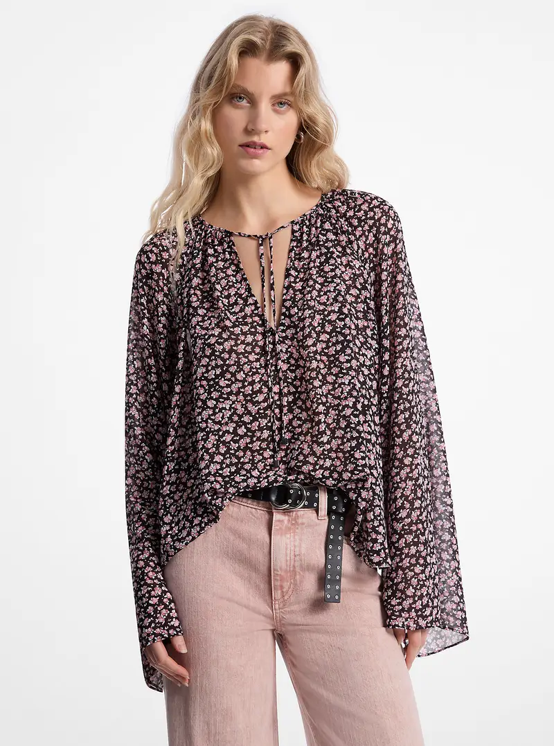 MK Blusa in georgette con maniche svasate e motivo floreale - Rosa - Michael Kors