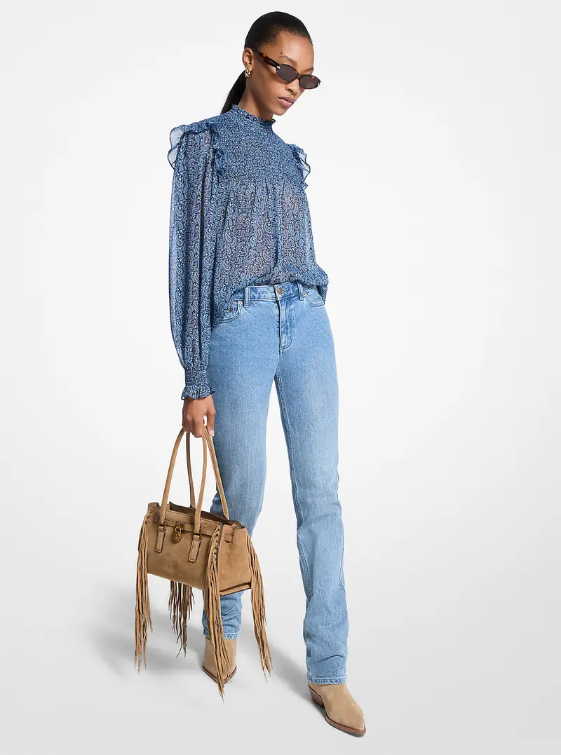 MK Blusa in georgette con punto smock e stampa paisley metallizzata - Blu - Michael Kors
