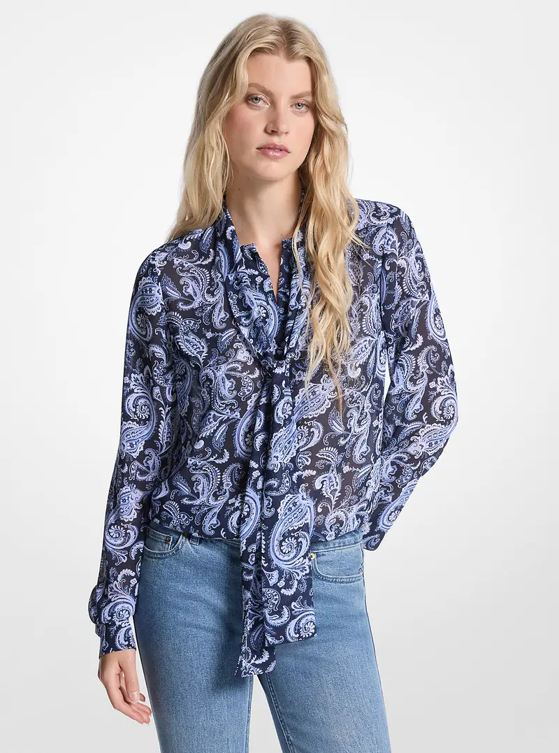 MK Blusa in georgette con stampa paisley e colletto con nastro - Blu - Michael Kors