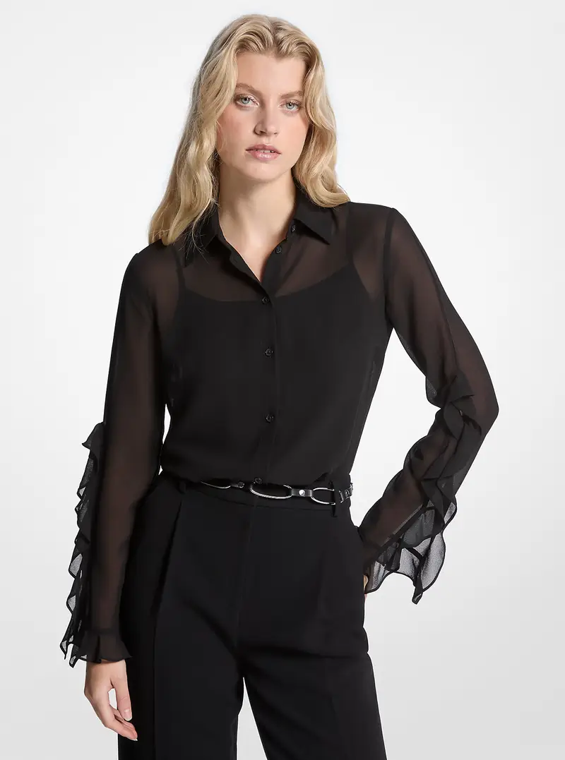 MK Blusa in georgette con volant - Nero - Michael Kors