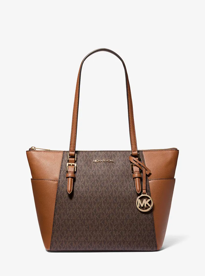 MK Borsa tote Charlotte grande in pelle con logo e zip superiore - Marrone - Michael Kors