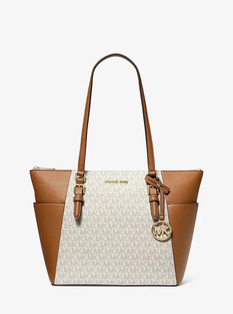 MK Borsa tote Charlotte grande in pelle con logo e zip superiore - Naturale - Michael Kors