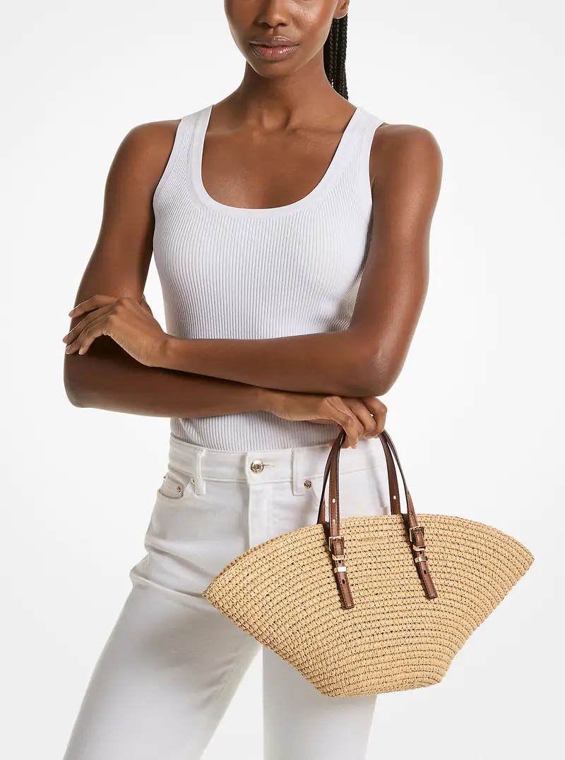 MK Borsa tote Isa piccola in paglia lavorata a mano - Marrone - Michael Kors miniatura 2