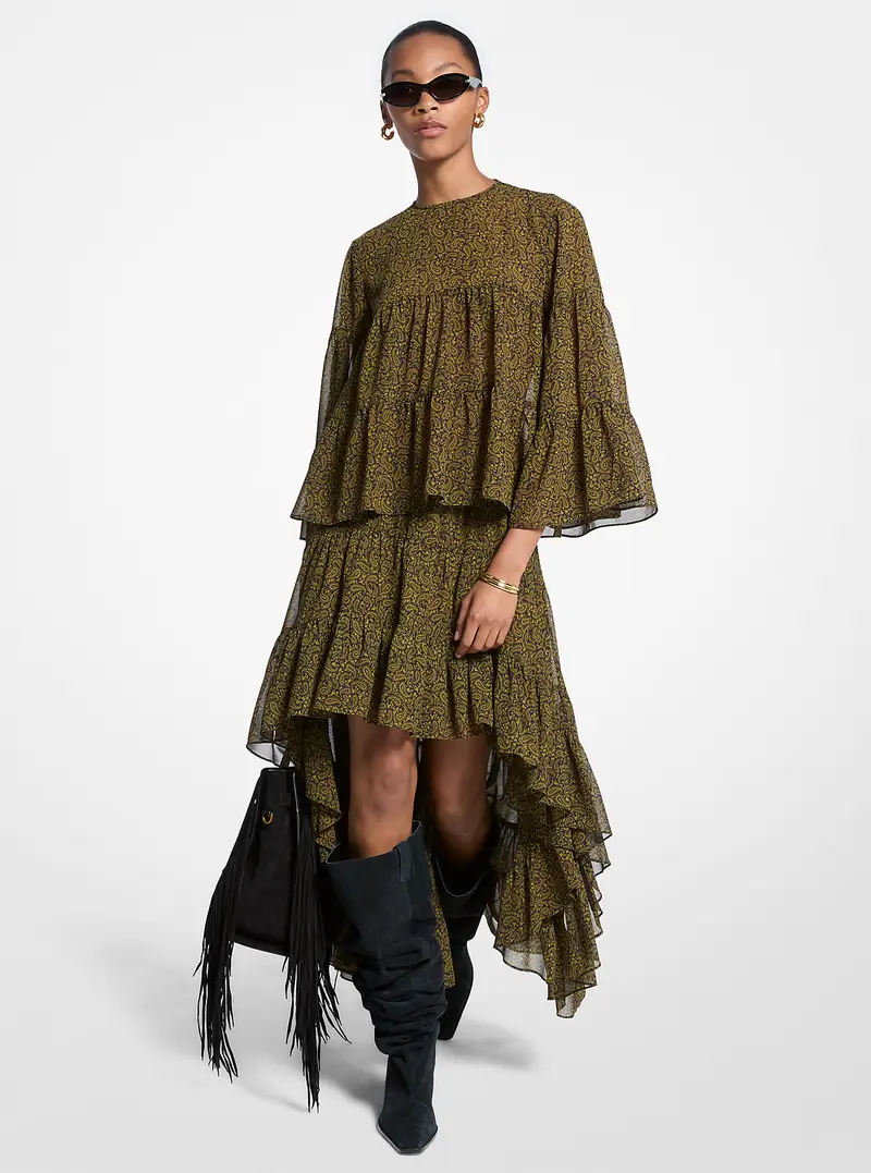 MK Gonna asimmetrica a balze in georgette stampa paisley - Verde - Michael Kors