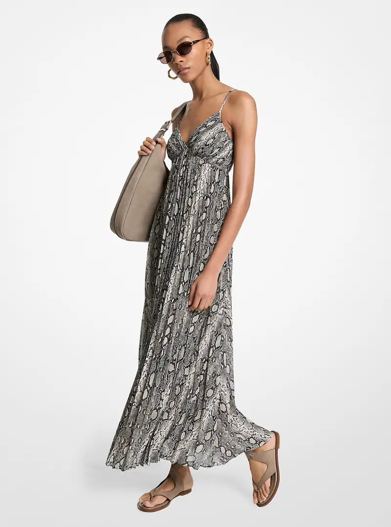 MK Maxi abito a pieghe in georgette stampa serpente - Naturale - Michael Kors
