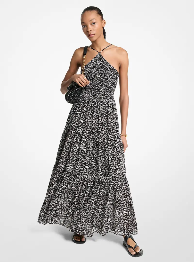 MK Maxi abito con stampa floreale, punto smock e scollo all'americana - Naturale - Michael Kors