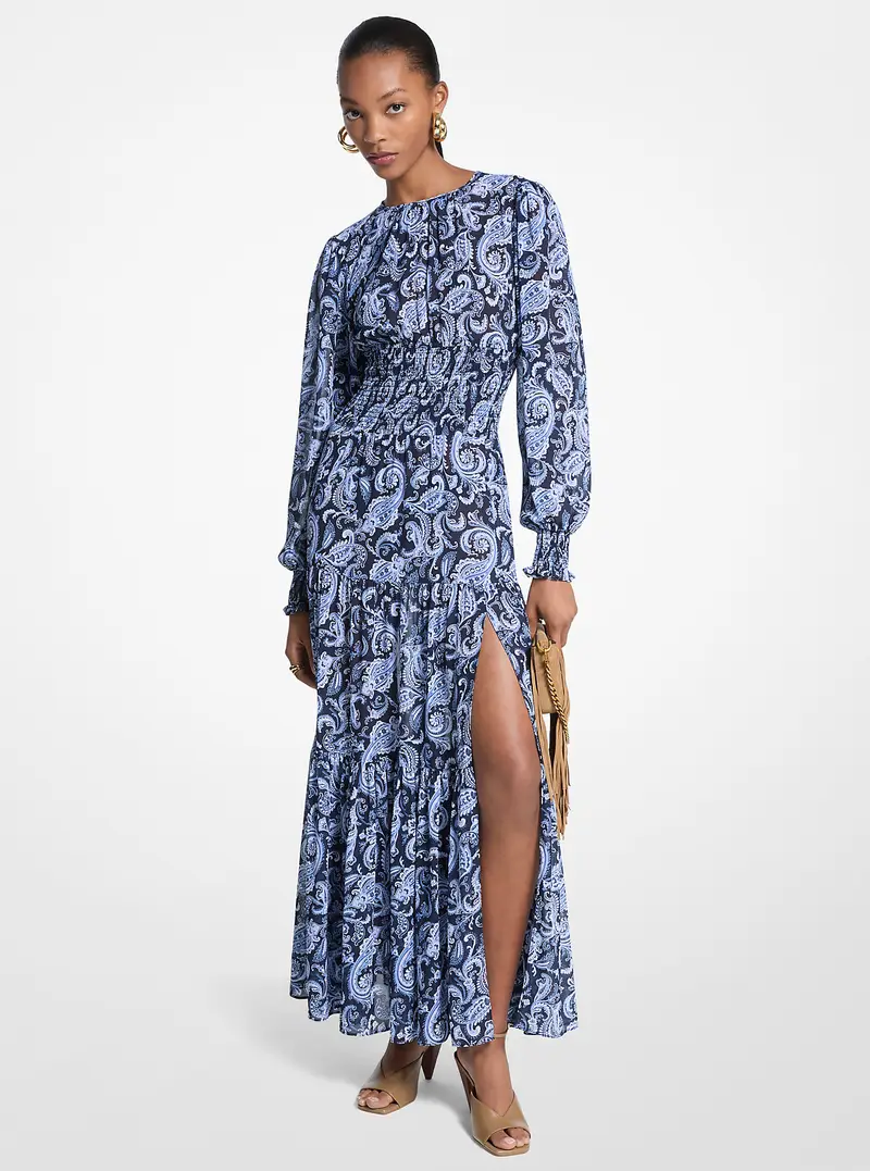 MK Maxi abito in georgette arricciato con stampa paisley - Blu - Michael Kors