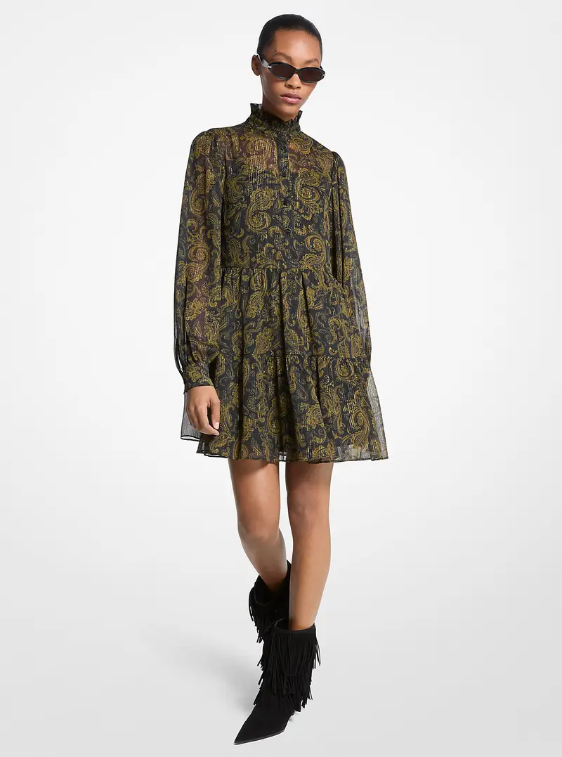 MK Miniabito in georgette con stampa paisley metallizzata - Verde - Michael Kors