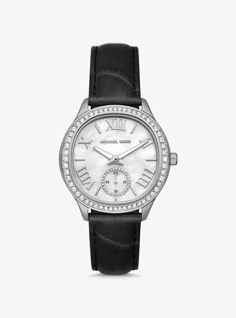 MK Orologio Sage tonalità argento con pavé e pelle stampa coccodrillo - Nero - Michael Kors