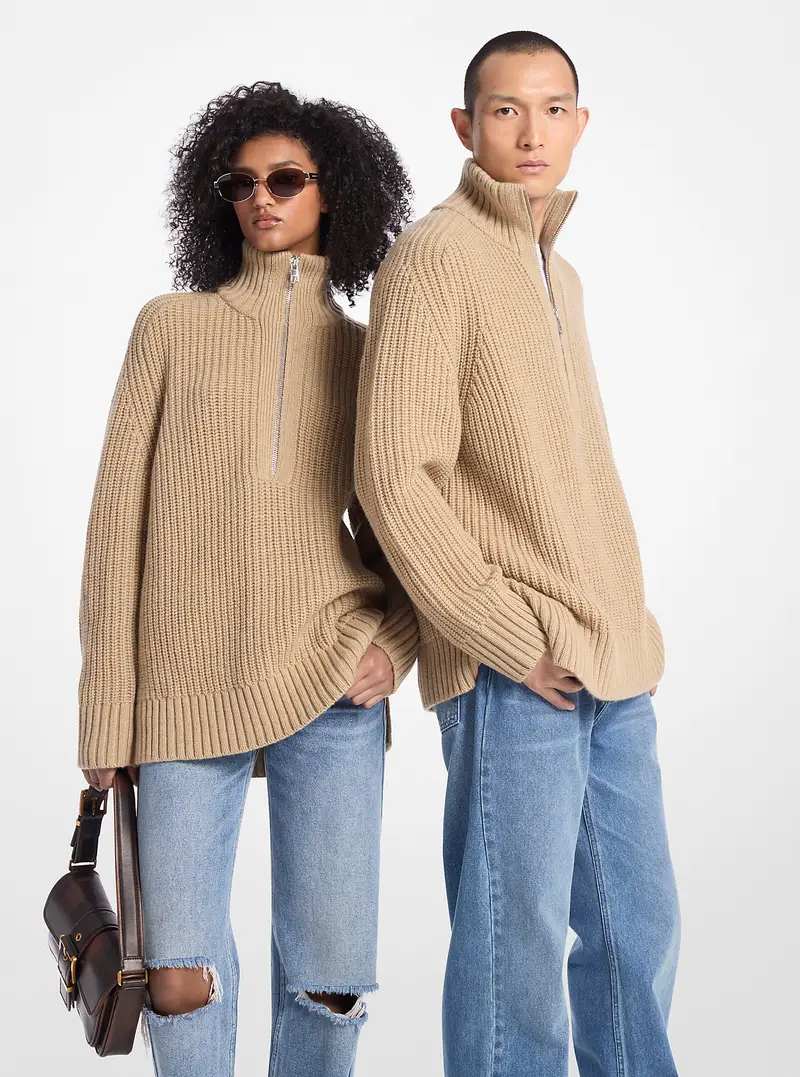 MK Pullover con mezza zip in misto lana e cashmere - Naturale - Michael Kors