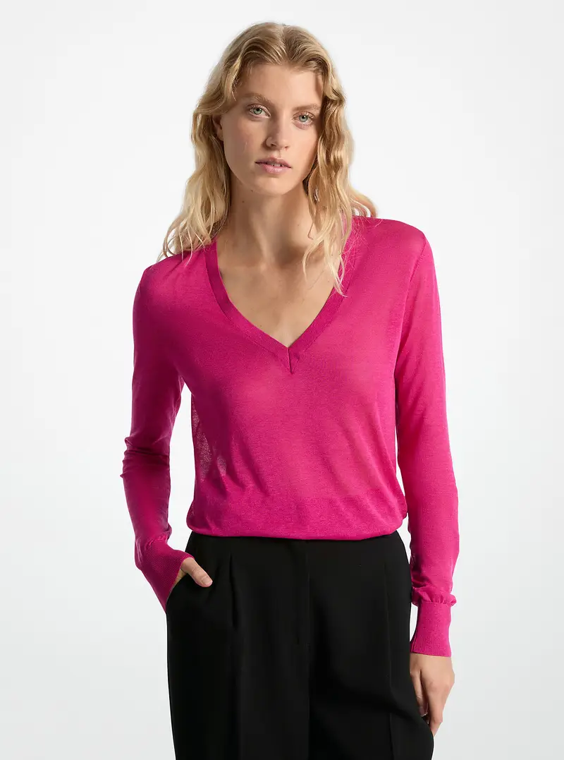 MK Pullover in misto seta con scollo a V - Blu - Michael Kors