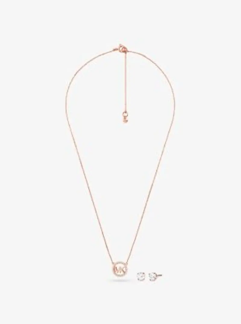 MK Set orecchini a bottone e collana in argento sterling placcato oro rosa 14K con ciondolo, logo e pavé - Oro Rosa - Michael Kors miniatura 2