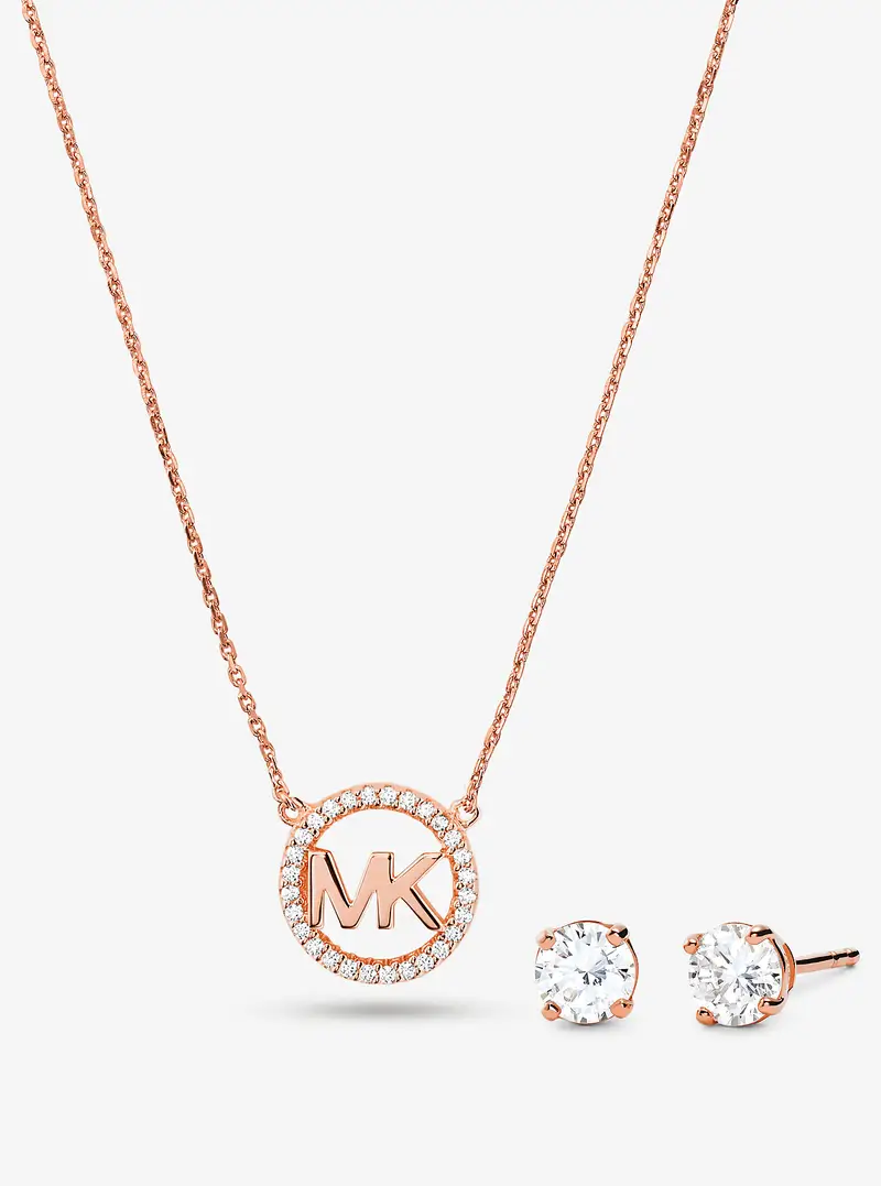 MK Set orecchini a bottone e collana in argento sterling placcato oro rosa 14K con ciondolo, logo e pavé - Oro Rosa - Michael Kors miniatura 3