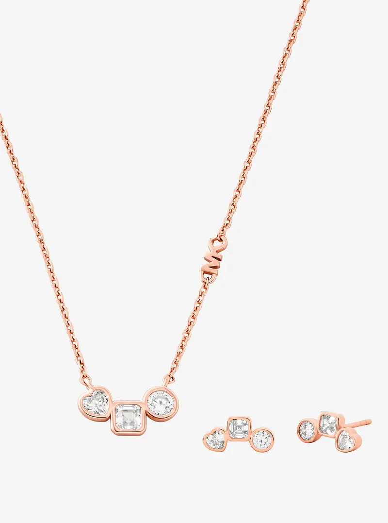 MK Set orecchini a bottone e collana in zirconia cubica con placcatura in metallo prezioso - Oro Rosa - Michael Kors