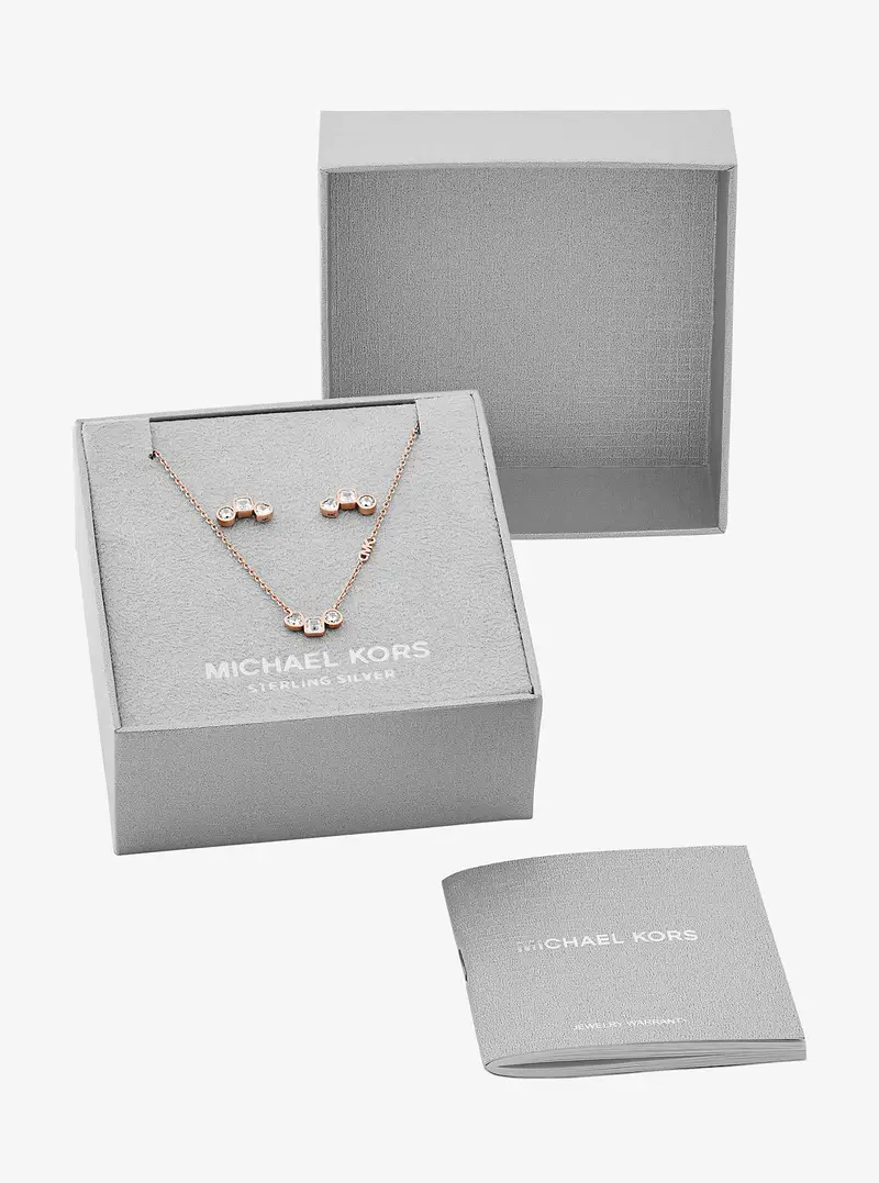 MK Set orecchini a bottone e collana in zirconia cubica con placcatura in metallo prezioso - Oro Rosa - Michael Kors miniatura 3