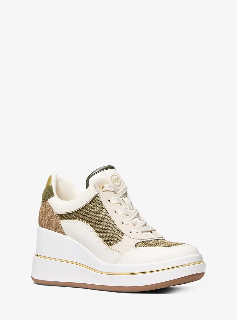 MK Sneaker Emmy in pelle e pelle effetto cavallino leopardata con zeppa - Naturale - Michael Kors