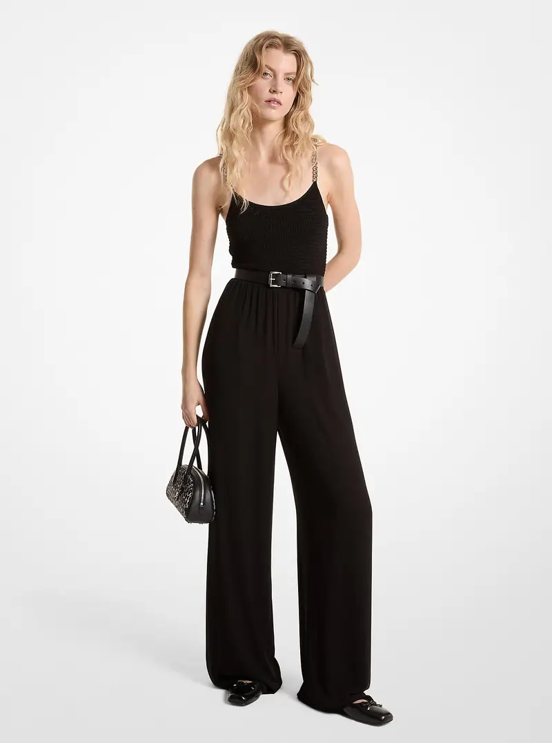 MK Tuta in georgette con punto smock e dettaglio catene - Nero - Michael Kors