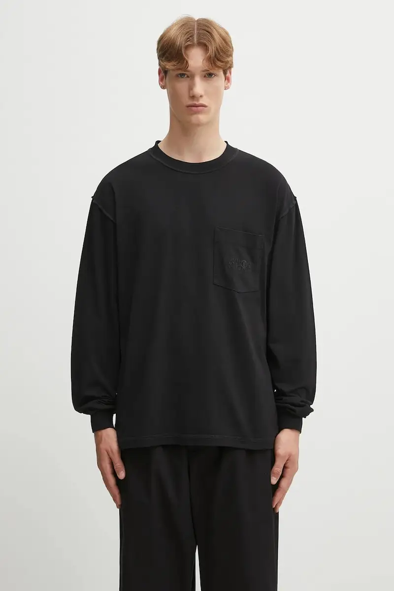 top a maniche lunghe in cotone colore nero con applicazione SH0NH0016.M20050.900