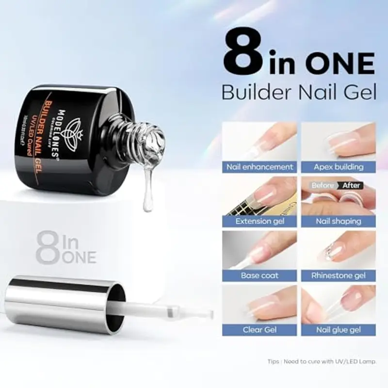 Modelones Gel Ricostruzione Unghie e Primer Unghie Gel Kit, Gel Costruttore per Unghie, Professionale 8-in-ONE 10ml Builder Rubber Base Gel Unghie per Extension, Restauro, Refill, Nail Art miniatura 2