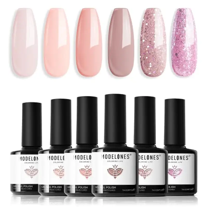 Modelones Smalto Semipermanente Unghie, Rosa Glitter 6 Colori Smalti Semipermanenti per Unghie, Soak-Off UV Gel per Nail Art Smalto Gel Professionali Kit