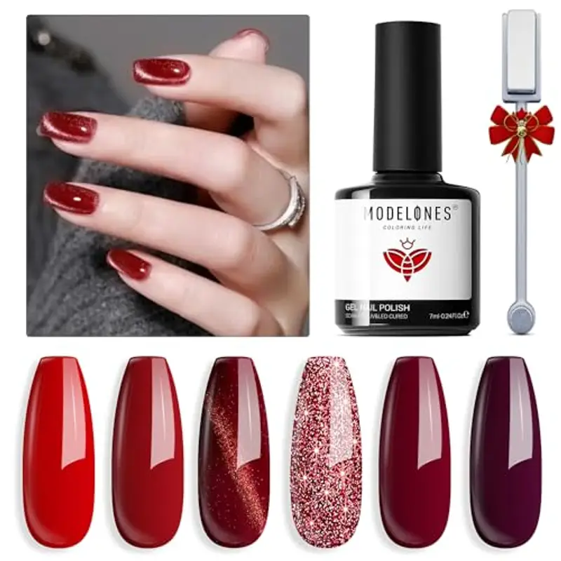 Modelones Smalto UV 6 Colori Gel Smalto UV con Magnete, Smalto per Unghie Cat Eye Gel UV Set Smalto Serie Rosso Brillante Soak Off French Manicure fai da te regali per la primavera estate 7